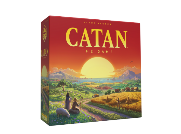 image of the Catan board game box. image depicts a setting sun over a landscape with bountiful fields, mountains, and a group of settlers. The words on the box read: Catan, the game, by Klaus Teuber