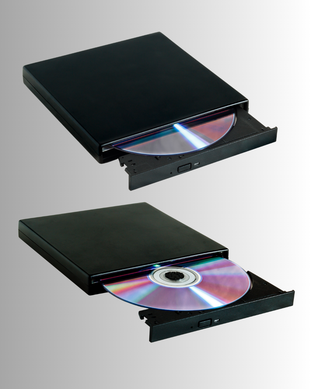 Two portable DVD drives with open disc trays