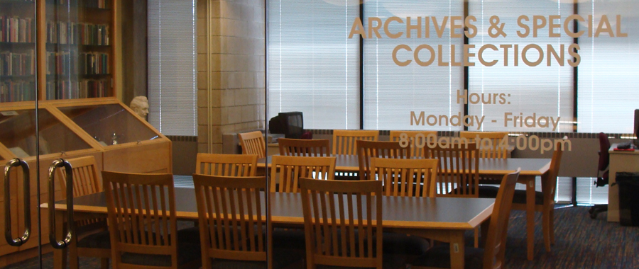 Image of archives reading room with open hours Monday through Friday, 8:00AM to 4:00PM