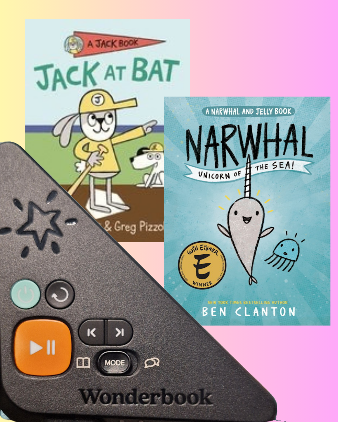 Image of the Wonderbook controls with the covers of two children's books, Jack at Bat and Narwhal: Unicorn of the Sea